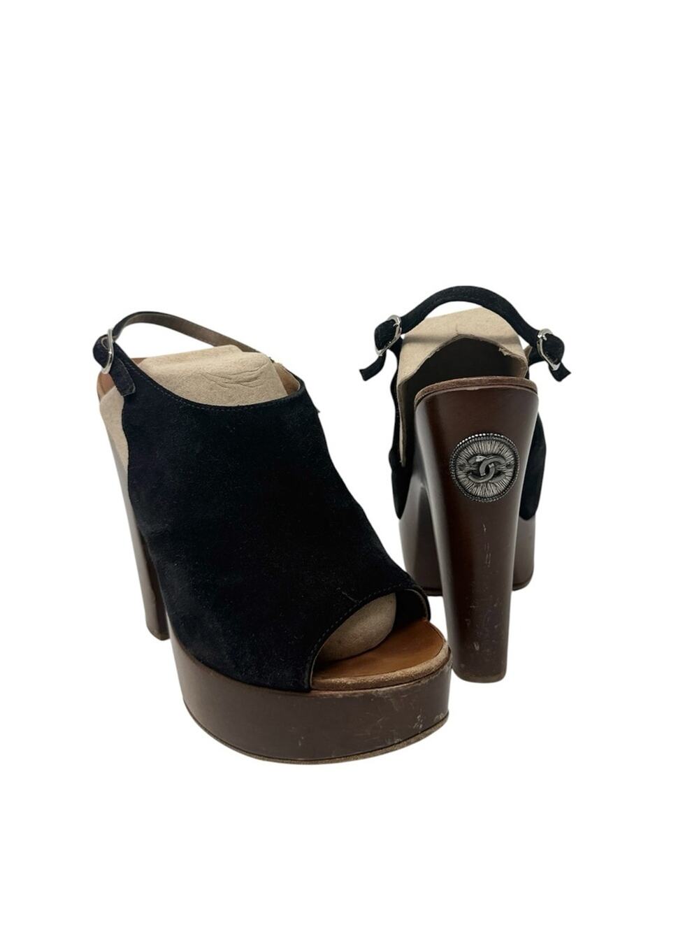 Chanel Black Suede Slingback Brown Wooden Platform Block Heel Clogs Size 37